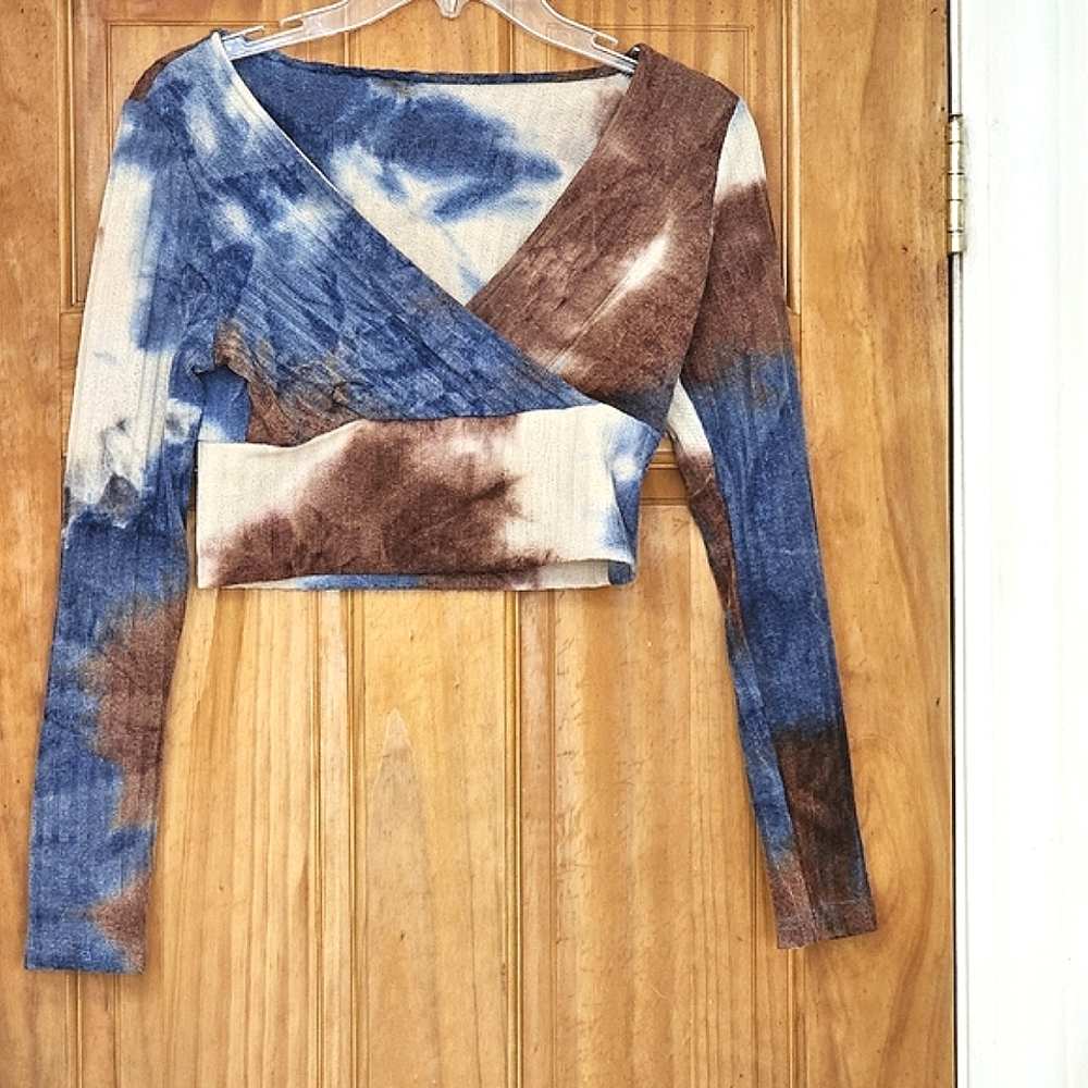 Women's Pullover Long Sleeve Surplice Deep V-neck Multicolor Tie Dye Cropped Top